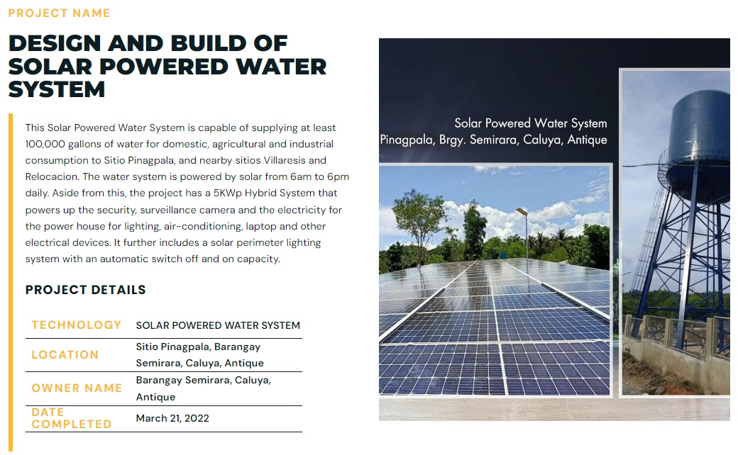 SOLAR POWERED WATER SYSTEM Sitio Pinagpala, Barangay Semirara, Caluya, Antique